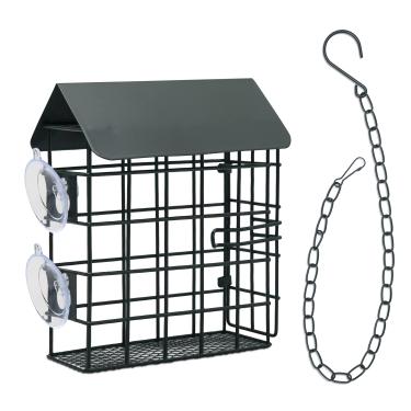Imagem de Magerdy Fields Alimentador de pássaros para janela – Suporte para bolo de sebo único com telhado – Decoração externa – atrai pássaros selvagens, pica-paus – Completo com corrente suspensa
