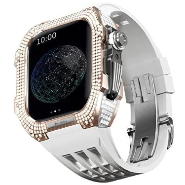 Imagem de TONECY Pulseira de borracha moldura de titânio para Apple Watch 7/6/5/4/SE Apple Mod Watch acessório de substituição titânio luxo capa compatível com série IWatch 44mm com ferramenta