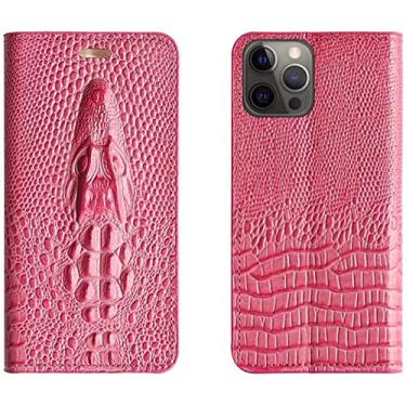 Imagem de CYSUE Capa de telefone em concha de couro, para Apple iPhone 13 Pro (2021) 6,1 polegadas capa fólio em relevo de cabeça de crocodilo [suporte de cartão] [suporte] (cor: vermelho rosa)