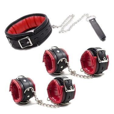 Imagem de Algemas de Couro Para Punhos de Tornozelo e Colarinho Para Casais Brinquedos Sexuais Feminina Erótica (Vermelho)