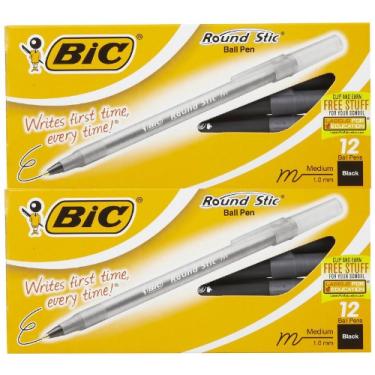 Imagem de BIC Caneta esferográfica clássica Round Stic, ponta média (1,0 mm) - preta, 12 ct, pacote com 2