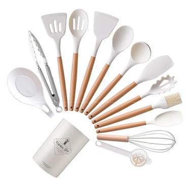 Imagem de Conjunto de utensílios de cozinha de silicone durável com 14 peças pinças colher espátula cabo de madeira utensílios de cozinha utensílios de cozinha conjunto de utensílios de cozinha conjunto de utensílios de cozinha de silicone alça de madeira