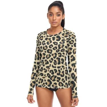Imagem de KLL Camisas femininas de natação Rash Guard com estampa de leopardo dourado e preto, camisetas atléticas de manga comprida FPS 50+, Estampa de leopardo, ouro, preto, moda, PP