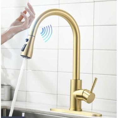Imagem de Toque inteligente torneiras de cozinha guindaste para sensor misturador da pia água da cozinha girar toque sensor misturador água, 1068, ouro escovado