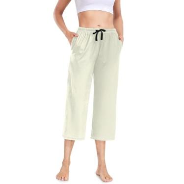 Imagem de CHIFIGNO Calça de pijama feminina moderna de perna larga, calça confortável de pijama com bolsos, Bege, Large