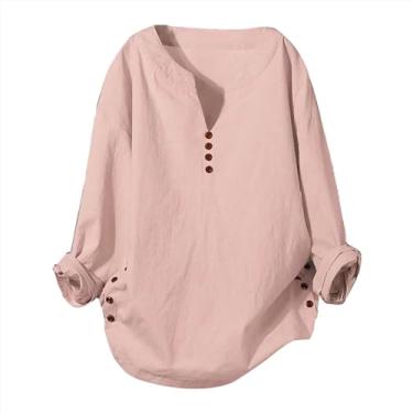 Imagem de Camisetas femininas de manga comprida com gola V e botões para o verão, folgada, cor lisa, algodão, linho, camiseta plus size, rosa, 3G