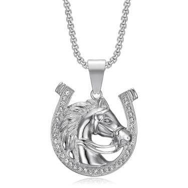 Imagem de NEGS Colar de aço inoxidável com pingente de cavalo da sorte banhado a ouro 18 K, 2 peças de correntes em camadas de 51 cm de 61 cm, joias de festa em ferradura hip hop, presente de animal para homens