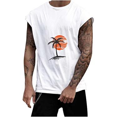 Imagem de Track Gym Coletes de praia masculinos verão outono gola redonda sol gráfico havaiano camiseta regata tropical masculina 2024, P-742 Branco, M