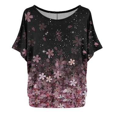 Imagem de Blusas femininas de verão grandes de manga curta com estampas para sair, blusas modernas de algodão, camisas soltas, túnica moderna, rosa, P