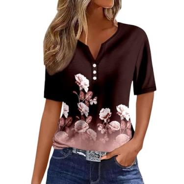 Imagem de Blusas femininas de verão 2024 túnica com botões Y2K, manga curta, estampa floral, gola V, roupas fofas, Ofertas relâmpago de vinho, GG