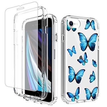 Imagem de Ueokeird Capa para iPhone SE 2022/SE 3 2022/SE 2020/iPhone 7/iPhone 8 com protetor de tela de vidro temperado, linda capa protetora de corpo inteiro borboleta transparente para iPhone 8 (borboleta