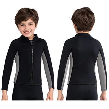 Imagem de REALON Roupa de mergulho infantil para meninos, jaqueta de neoprene de 3 mm, manga comprida, zíper frontal, roupa de banho para manter o traje de banho quente para surfe, natação e mergulho
