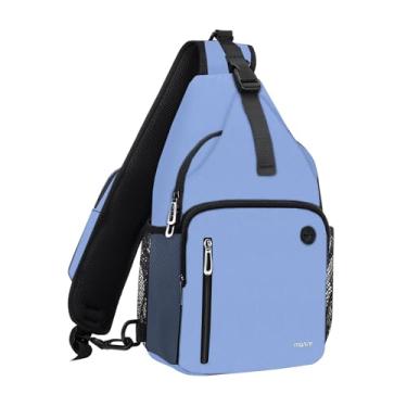Imagem de MOSISO Mochila com tiracolo, bolsa de ombro transversal, mochila de viagem, caminhada, bolsa de peito com bolso quadrado frontal e porta de carregamento USB, Air Blue, Medium, Mochilas Sling