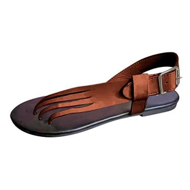 Imagem de Chinelo feminino 2024 novidade fivela tira no tornozelo sandálias bico aberto chinelos confortáveis praia boêmia plana, Marrom, 35