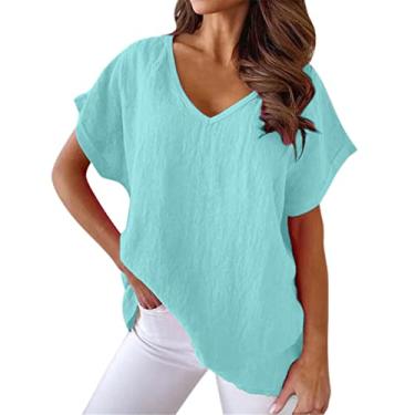 Imagem de Camisetas femininas de linho de algodão de manga curta casual gola V morcego camiseta grande cor sólida tops de verão, Ofertas Relâmpago Azul, G