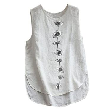 Imagem de Regata feminina de linho, caimento solto, sem mangas, Henley cor lisa, camiseta casual de verão, Yz1-branco, M