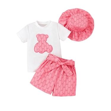 Imagem de Floerns Camiseta infantil com estampa de letras de 3 peças, short com chapéu, rosa, 3-4Y