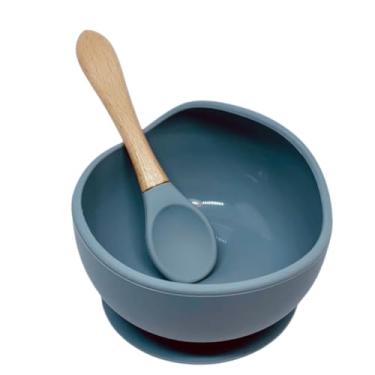 Imagem de tigela em silicone com ventosa e colher com cabo de madeira (CINZA)