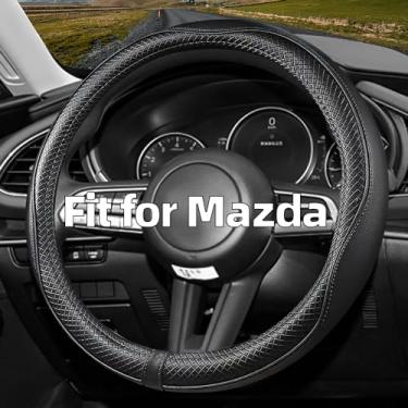 Imagem de CACAWIZ Capa de volante de carro para Mazda, serve para Mazda 3, Mazda 6, Mazda 5, CX-50, acessórios automáticos para Mazda, couro premium, design esportivo, preto