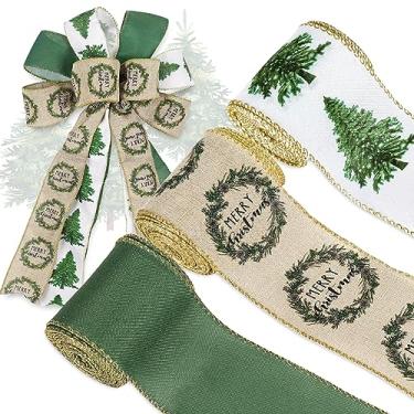 Imagem de AnyDesign Fita de Natal com fio para árvore de Natal de 6 cm branca e verde fita de tecido com glitter dourado para embrulhar guirlanda de arco faça você mesmo, 18 metros, 3 rolos