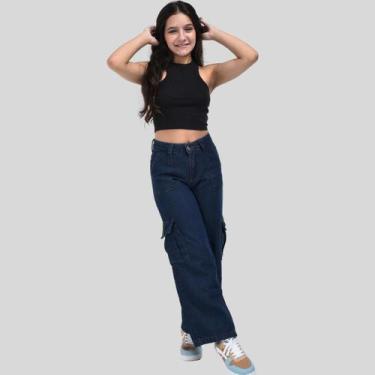 Imagem de Calça Jeans Cargo Feminina Juvenil Jeans - RJIMPORTS, Jeans escuro, 10