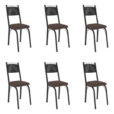 Imagem de Kit 6 Cadeiras de Cozinha Virginia Estampado Tecelão Cacau Pés de Ferr