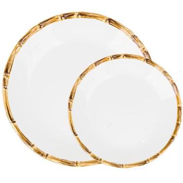 Imagem de Pratos de Melamina Branco Rasos e Sobremesa Bambu jogo12 peças borda e