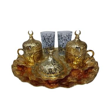 Imagem de Conjunto de café expresso turco grego árabe para 2 xícaras, pires, tampas, bandeja deliciosa, açucareiro, 2 xícaras de água, 13 peças
