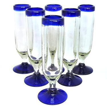 Imagem de Taças de champanhe mexicanas de vidro soprado borda azul cobalto (conjunto de 6) da MEXHANDCRAFT