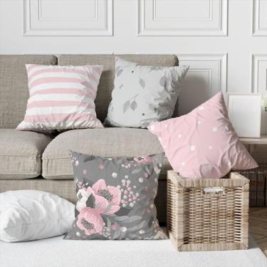Imagem de Kit 4 Capas De Almofadas Decorativas Floral Cinza e Rosa - Core Decore