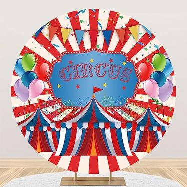 Imagem de AOFOTO 2,1 x 2,1 m, tema de circo, decorações de festa de aniversário, capa de pano de fundo redondo, barraca vermelha de circo, balões de confetes, fogos de artifício, carnaval, círculo, fundo, bolo,