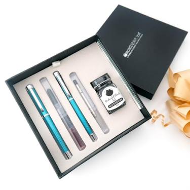 Imagem de Monteverde Caneta tinteiro USA Strata, conjunto de canetas esferográficas turquesa | Ponta larga | Recarga de gel grátis, frasco de tinta grátis e 3 cartuchos grátis