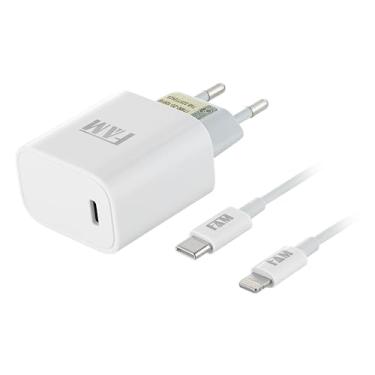 Imagem de Carregador 20W Rápido FKT-PD205 FAM – Fonte Tipo-C com Cabo Lightning 1.2m Compatível com iPhone, iPad, iPod e Outros Dispositivos Apple – Turbo Charge Estável e Seguro