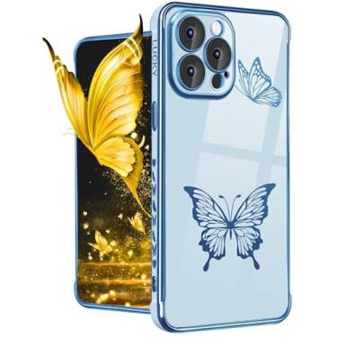 Imagem de Petitian Capa para iPhone 14 Pro Max, lindas mulheres meninas borboletas douradas projetadas para iPhone 14 Pro Max, capa feminina banhada a ouro para 14 Pro Max com protetor de câmera Sierra Blue