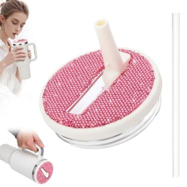 Imagem de SAVORI Tampa de canudo dobrável de 850 g para Stanley Quencher H2.0, tampa à prova de vazamento de strass de 850 g para Stanley Tumber, tampas antiderramamento para copo Stanley (strass rosa creme,