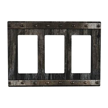 Imagem de Porta de celeiro rústica para 3 interruptores de luz para interruptor de luz decorativa tripla placa de parede decorativa interruptor elétrico GFCI tampas de tomada para cozinha banheiro casa de fazenda decoração de casa
