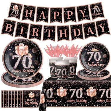 Imagem de GREHUMOR 142 Peças Decorações de Talheres de 70 Anos para Mulheres Ouro Rosa Feliz Conjunto de Talheres Temáticos de 70 Anos Toalha de Mesa Descartável, Pratos, Guardanapos, Copos, Garfos e Facas de F