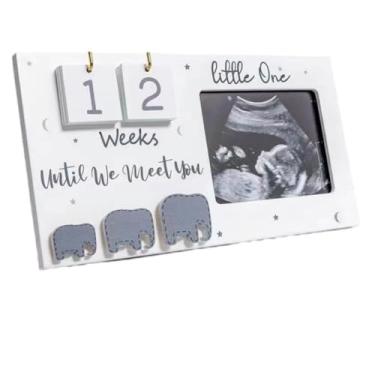 Imagem de Buachois Moldura de ultrassonograma, porta-retrato de ultrassom de bebê com calendário de contagem regressiva, decoração de berçário de elefante para informações de nascimento, presente de parabéns