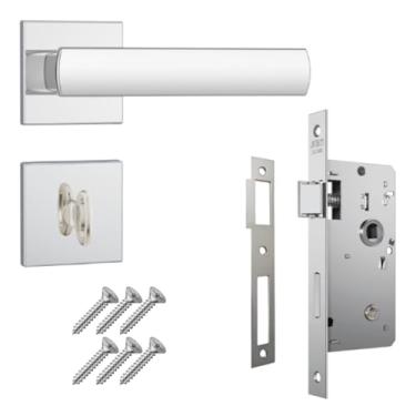 Imagem de Kit 1 Fechadura Completa Stam Porta Madeira Banheiro Chave Fixa 823/35 Maçaneta Roseta Quadrada Contra Testa Parafusos