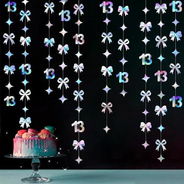 Imagem de Decorações iridescentes de aniversário de 13 anos com laço de conquette com glitter, faixa de fundo para meninas, meninos, feliz aniversário de 13 anos, oficial, adolescente, brinde a 13 anos, artigos