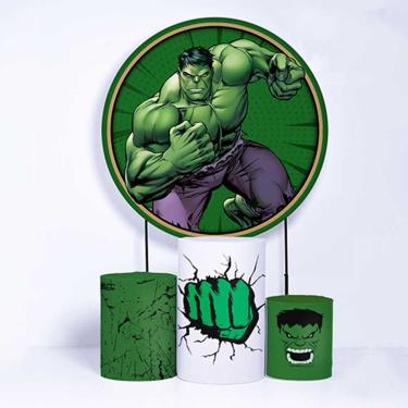 Imagem de Kit Painel de Festa Redondo de 1,50m e Trio de Cilindros Hulk - Fera Print