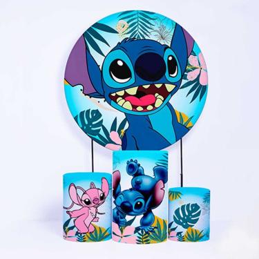 Imagem de Kit Painel de Festa Redondo de 1,80m e Trio de Cilindros Lilo &amp; Stitch - Fera Print
