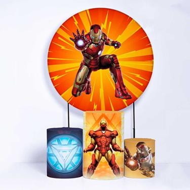 Imagem de Kit Painel de Festa Redondo de 1,30m e Trio de Cilindros Homem de Ferro - Fera Print