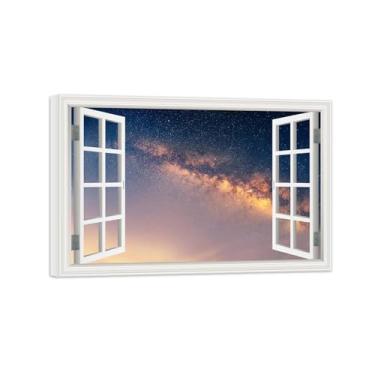 Imagem de Vista da Janela Paisagem Pintura em Tela-Nuvens céu estrelado-Impressão Lona Arte Parede Natural-Decoração Sala Estar 40x60cm Tela Embrulhada