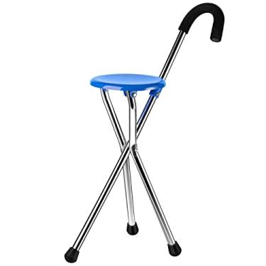 Imagem de LXPYMXDP Bengala, assento de bengala dobrável, conjunto de cadeira de bengala portátil, banco de cadeira para idosos/azul