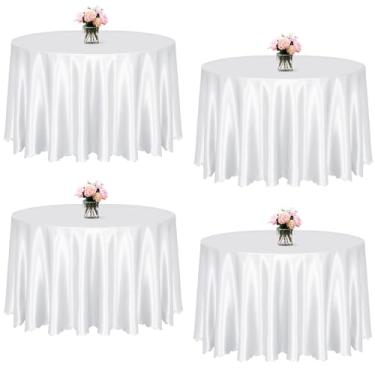 Imagem de KKJIAF Pacote com 4 toalhas de mesa redondas de cetim branco, 224 cm, sobreposição, toalha de mesa de jantar de cetim sedoso para decoração de banquetes de casamento, buffet, festas