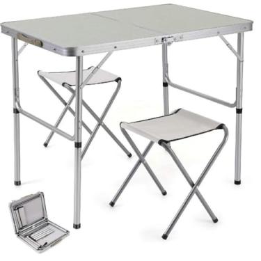 Imagem de Mesa Maleta Dobrável Alumínio + 2 Banquinhos Camping Lazer