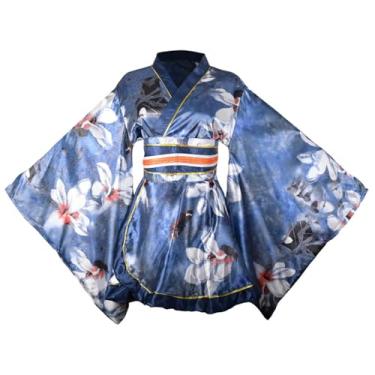 Imagem de Quimono feminino curto sexy fantasia adulta estampa de gueixa japonesa vestido de festa de Halloween vestido chique com cinto, nº 99, azul, G