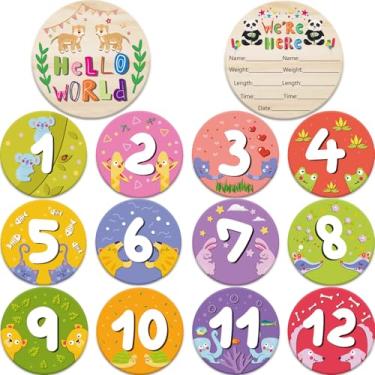 Imagem de Cartões mensais de madeira para bebês com placa de anúncio de nascimento adereços de fotografia para recém-nascidos presentes de chá de bebê para meninos e meninas (marco mensal de vitórias)