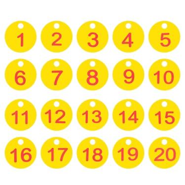 Imagem de PATIKIL 1-20 etiquetas numeradas de plástico redondo numerado identificação identificação chave pendurar etiqueta para chaveiro de dormitório caixa de armário de academia, amarelo com texto vermelho